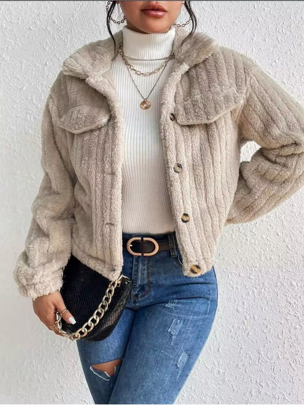 Cozy Faux Fur Button-Up Jacket in Beige